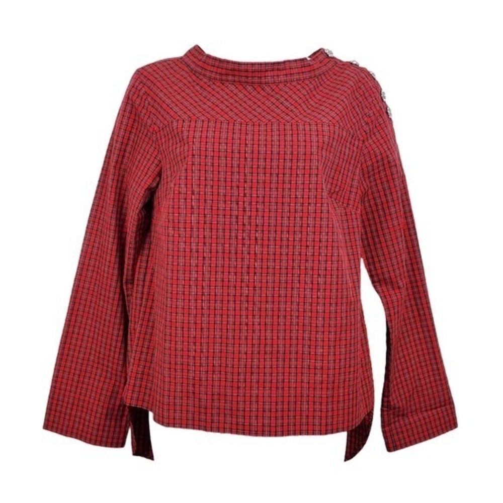 J.Crew Womens Red Black Plaid Button Shoulder Funnelneck Shirt Size 0